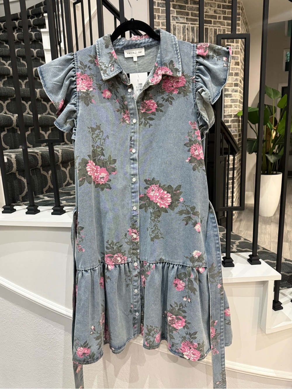 entro Light Blue Denim Dress with Pink Floral Print